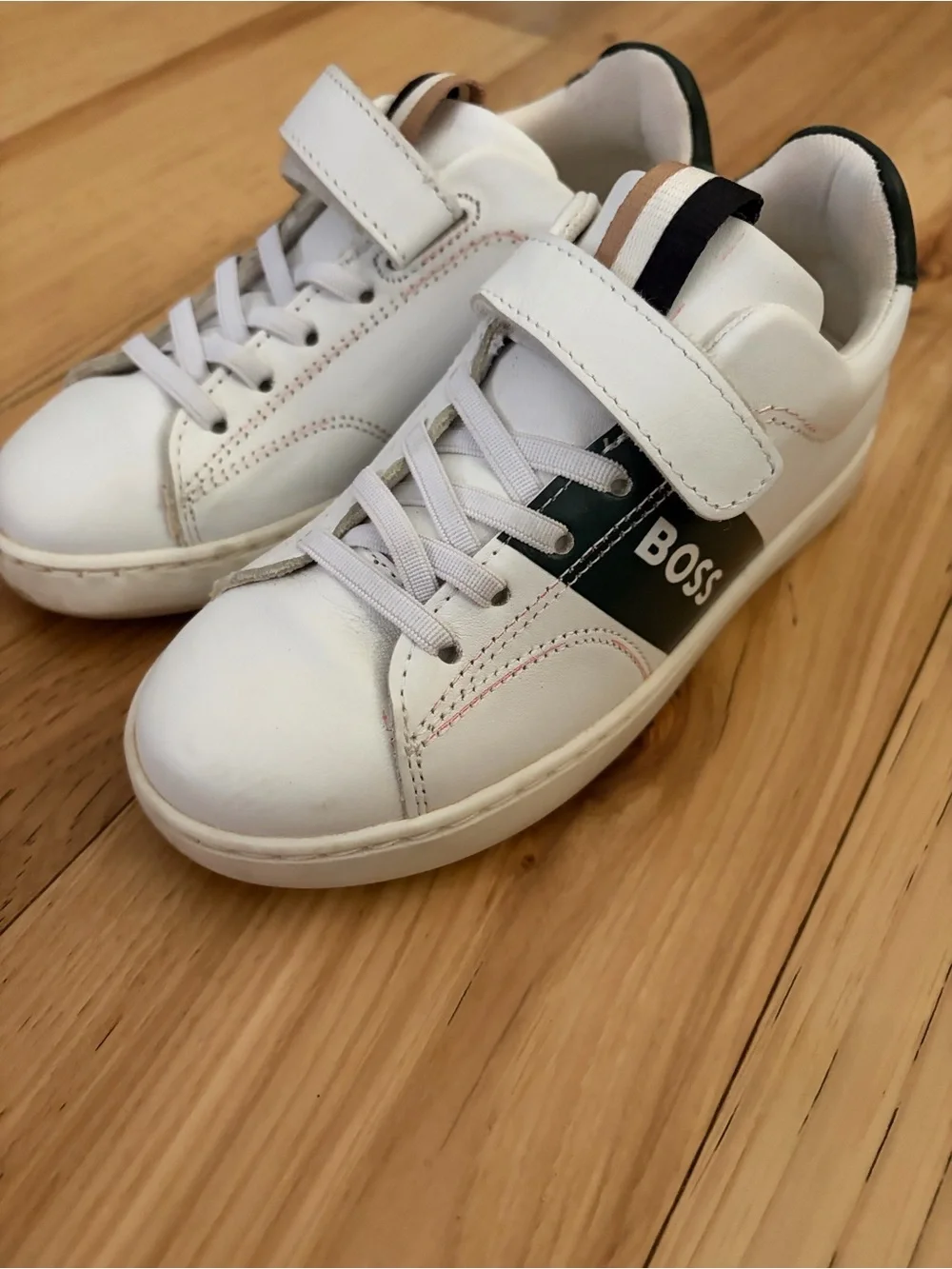 Hugo Boss White Leather Sneakers with Green Accents for Kids